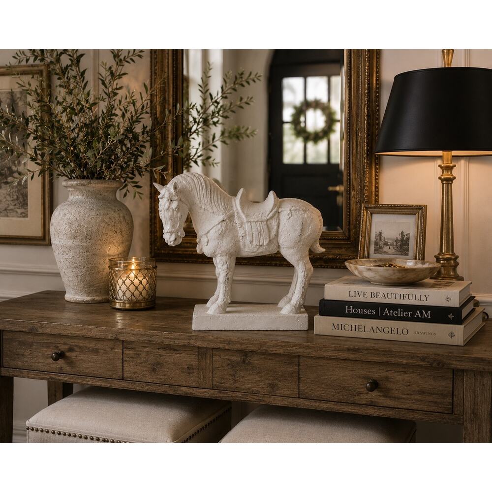 White Horse Sculpture Equestrian Decor Carved Wood Gesso Chinoiserie Statue - Picture 6 of 15